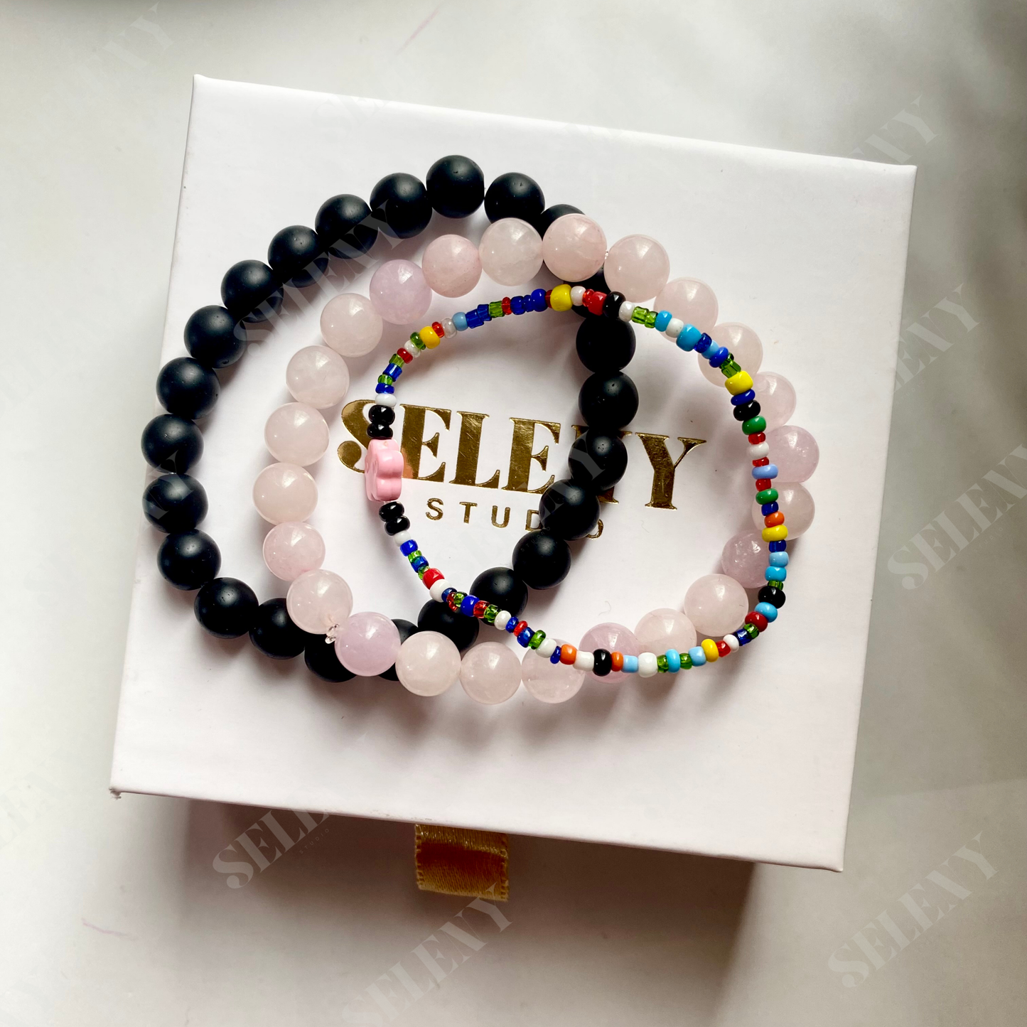 Rose Quartz, Black Onyx and Colourful Beads Bracelet ( Set of 3 )
