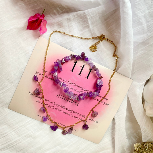 Amethyst Natural Healing Crystal Necklace & Bracelet (Combo Set)