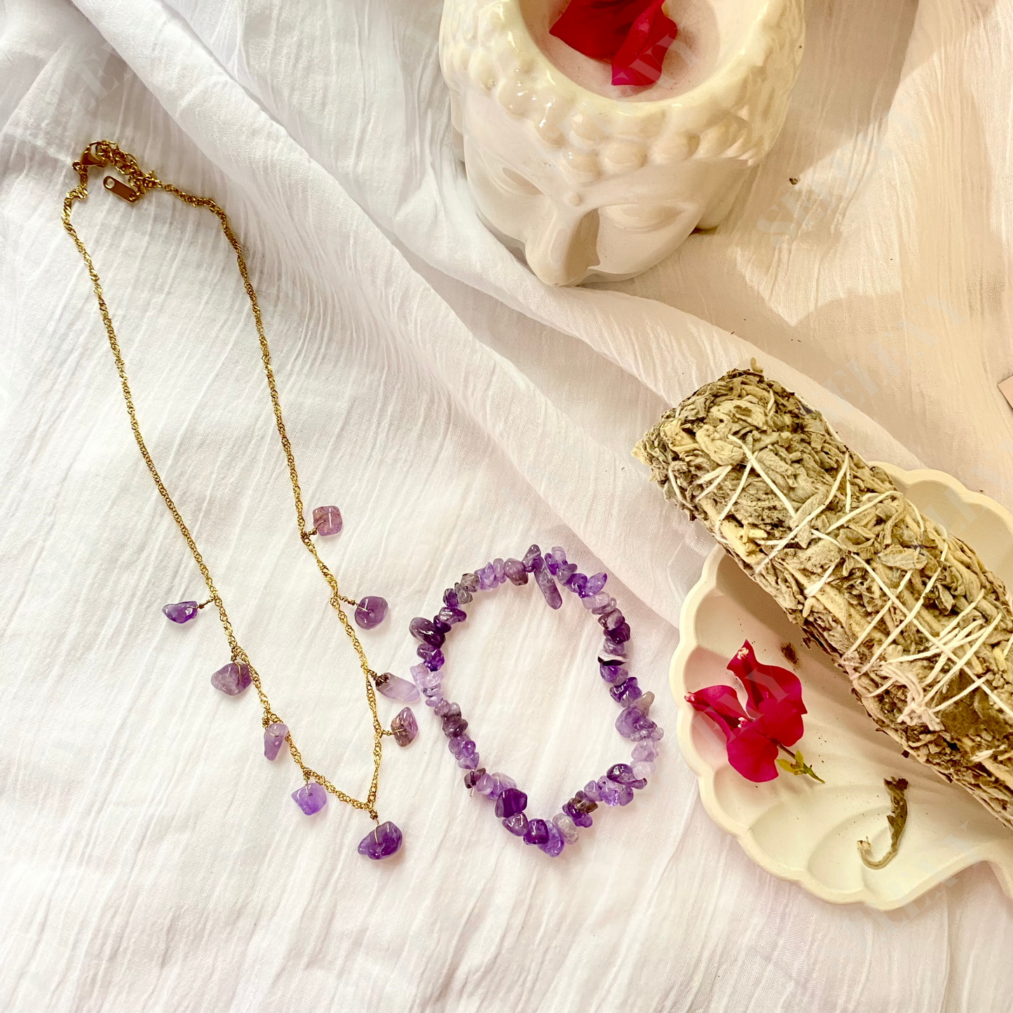 Amethyst Natural Healing Crystal Necklace & Bracelet (Combo Set)