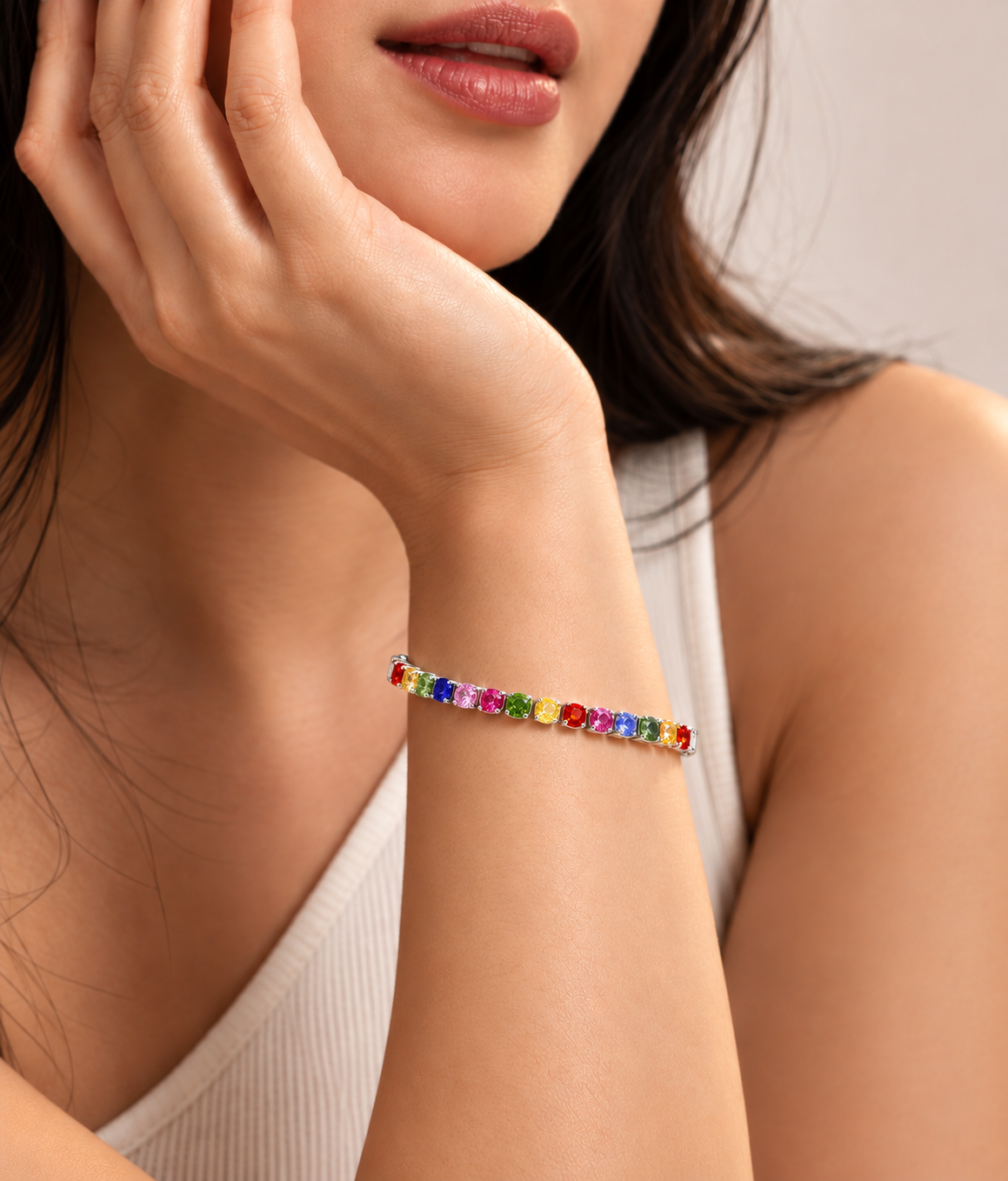 Rainbow Crystal  Silver Tennis Bracelet