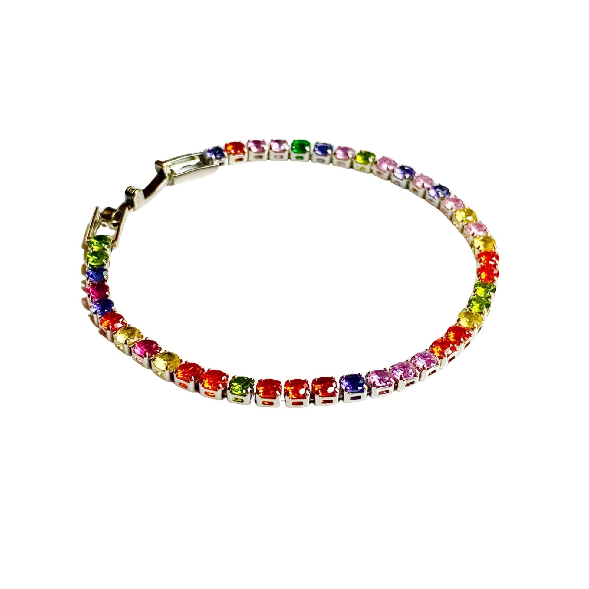 Rainbow tennis bracelet, silver bracelet, classic bracelet, women wear bracelet, luxury look bracelet, luxury jewellery, jewellery for women, party wear bracelet, anti tarnish, waterproof bracelet, hypoallergenic bracelet.