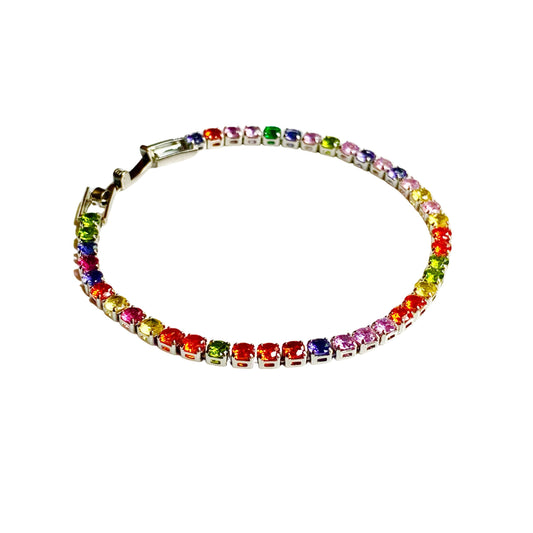 Rainbow tennis bracelet, silver bracelet, classic bracelet, women wear bracelet, luxury look bracelet, luxury jewellery, jewellery for women, party wear bracelet, anti tarnish, waterproof bracelet, hypoallergenic bracelet.